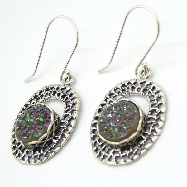 Earrings - Round Green Druzy Agate Set In Oval Silver Earrings