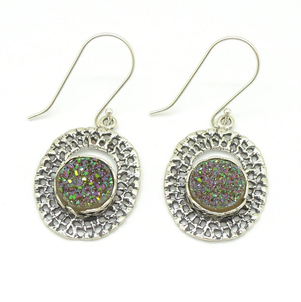 Earrings - Round Green Druzy Agate Set In Oval Silver Earrings