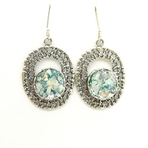 Earrings - Round Green Druzy Agate Set In Oval Silver Earrings