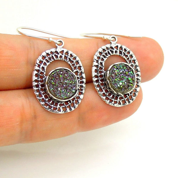 Earrings - Round Green Druzy Agate Set In Oval Silver Earrings