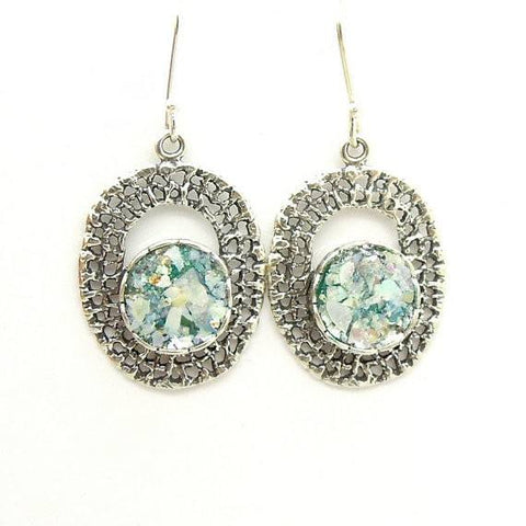 Earrings - Round In Oval Net Silver And Roman Glass Earrings