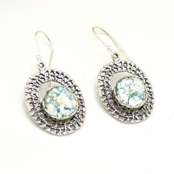 Earrings - Round In Oval Net Silver And Roman Glass Earrings