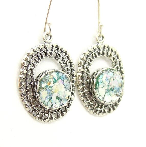 Earrings - Round In Oval Net Silver And Roman Glass Earrings