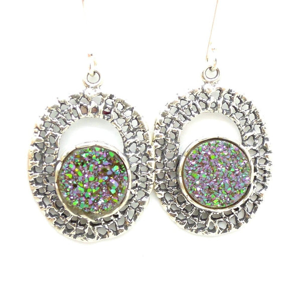 Earrings - Round In Oval Net Silver And Roman Glass Earrings