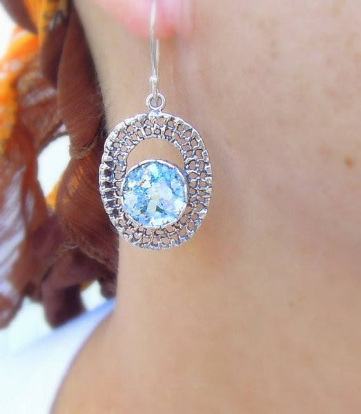 Earrings - Round In Oval Net Silver And Roman Glass Earrings