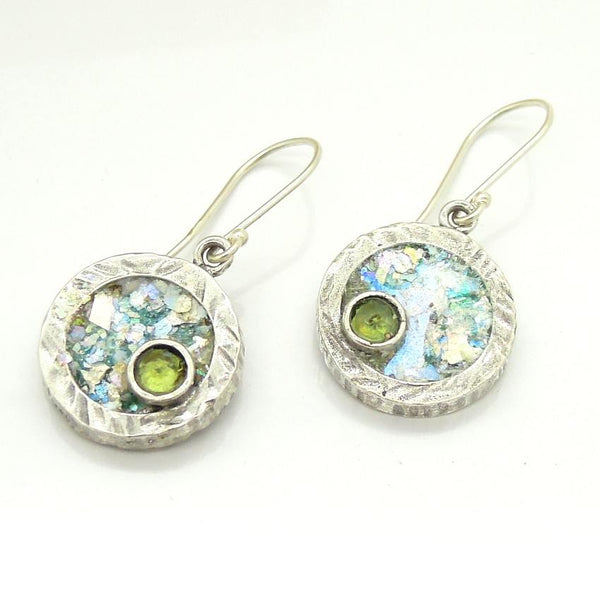 Earrings - Round Silver And Roman Glass Earrings With A Sweet Peridot