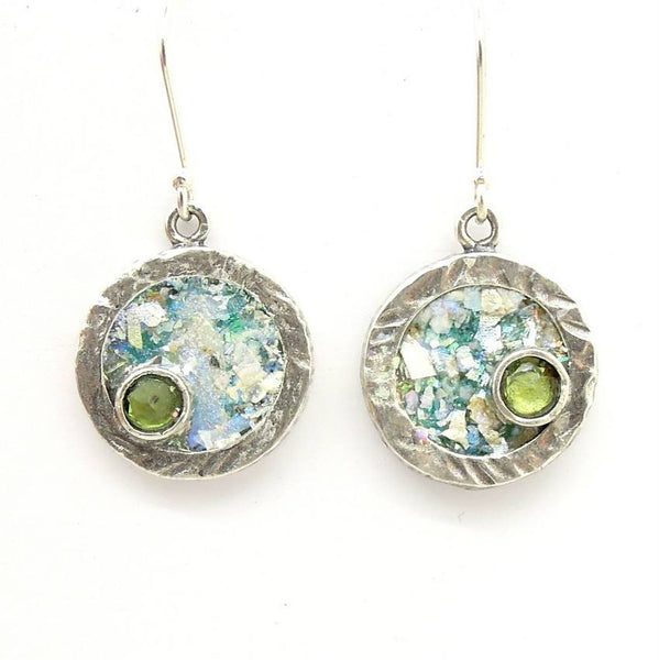 Earrings - Round Silver And Roman Glass Earrings With A Sweet Peridot