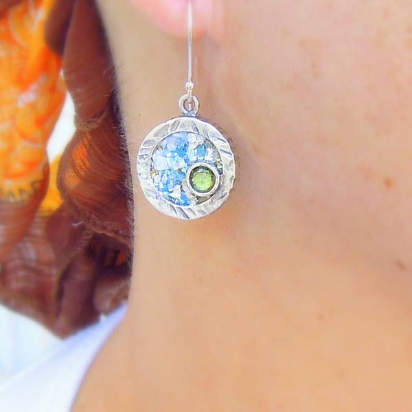 Earrings - Round Silver And Roman Glass Earrings With A Sweet Peridot