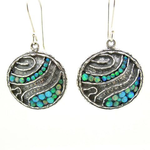 Earrings - Round Silver Earrings With Mosaic Opal Landscape Pattern