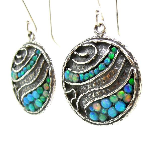 Earrings - Round Silver Earrings With Mosaic Opal Landscape Pattern
