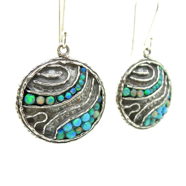 Earrings - Round Silver Earrings With Mosaic Opal Landscape Pattern