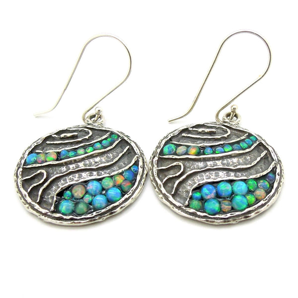 Earrings - Round Silver Earrings With Mosaic Opal Landscape Pattern