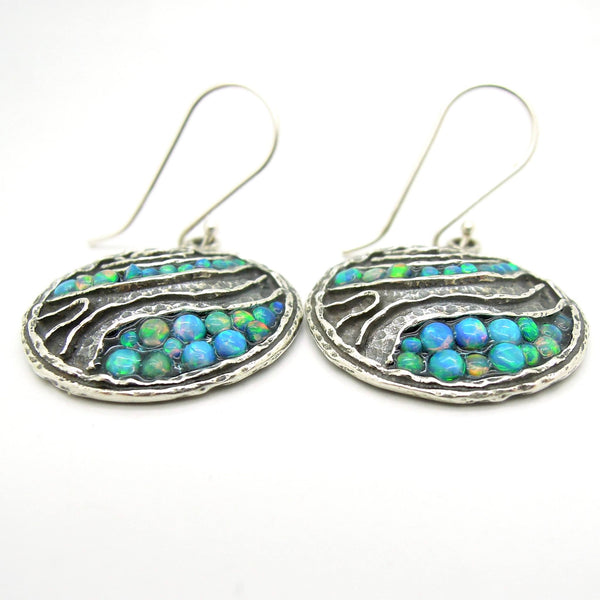 Earrings - Round Silver Earrings With Mosaic Opal Landscape Pattern