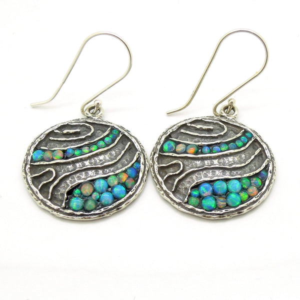 Earrings - Round Silver Earrings With Mosaic Opal Landscape Pattern