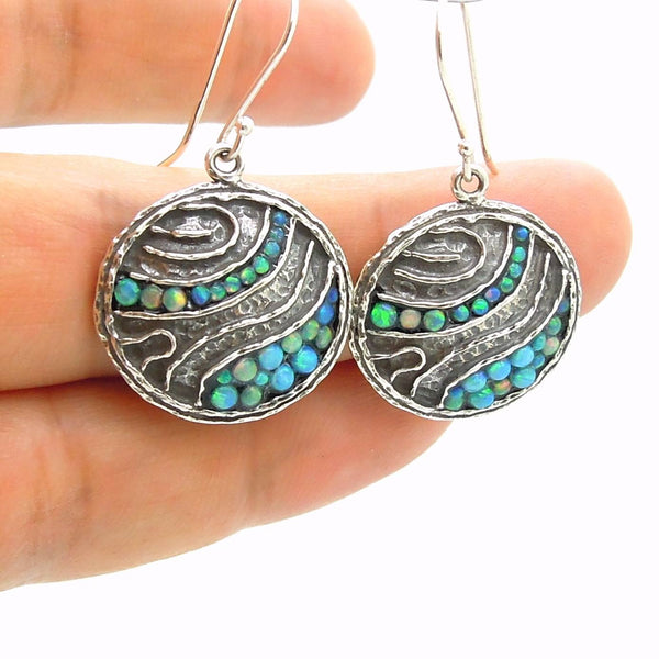 Earrings - Round Silver Earrings With Mosaic Opal Landscape Pattern