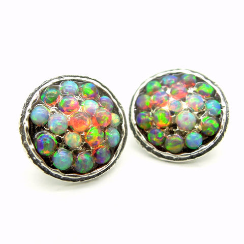Earrings - Round Silver Post Earrings With Mosaic Fire & Blue Opal