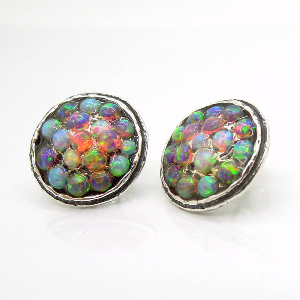 Earrings - Round Silver Post Earrings With Mosaic Fire & Blue Opal