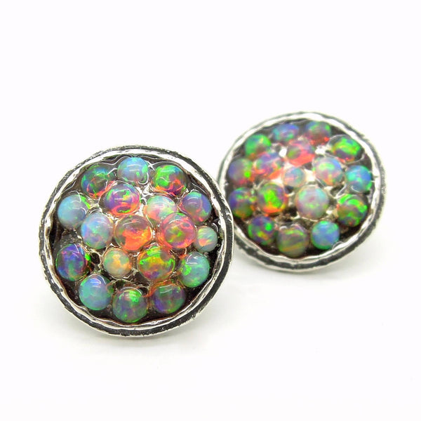 Earrings - Round Silver Post Earrings With Mosaic Fire & Blue Opal