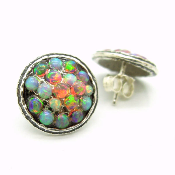 Earrings - Round Silver Post Earrings With Mosaic Fire & Blue Opal