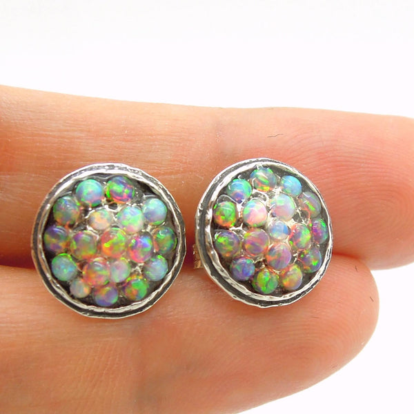 Earrings - Round Silver Post Earrings With Mosaic Fire & Blue Opal