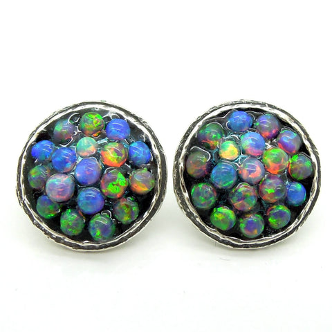 Earrings - Round Stud Earrings With Mosaic Opal Set In Silver