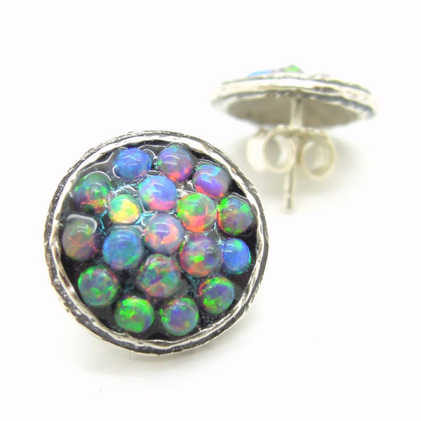 Earrings - Round Stud Earrings With Mosaic Opal Set In Silver