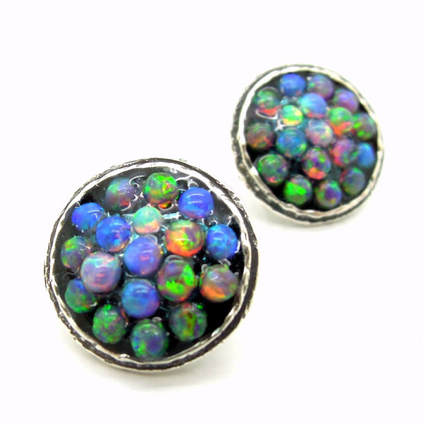 Earrings - Round Stud Earrings With Mosaic Opal Set In Silver