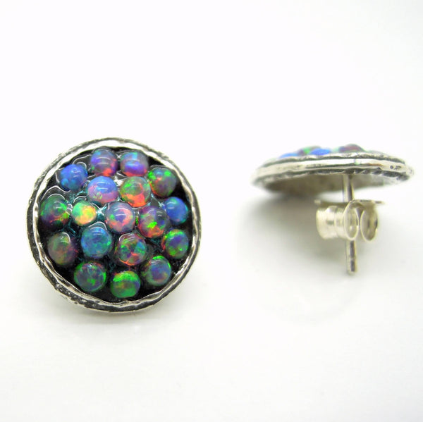 Earrings - Round Stud Earrings With Mosaic Opal Set In Silver