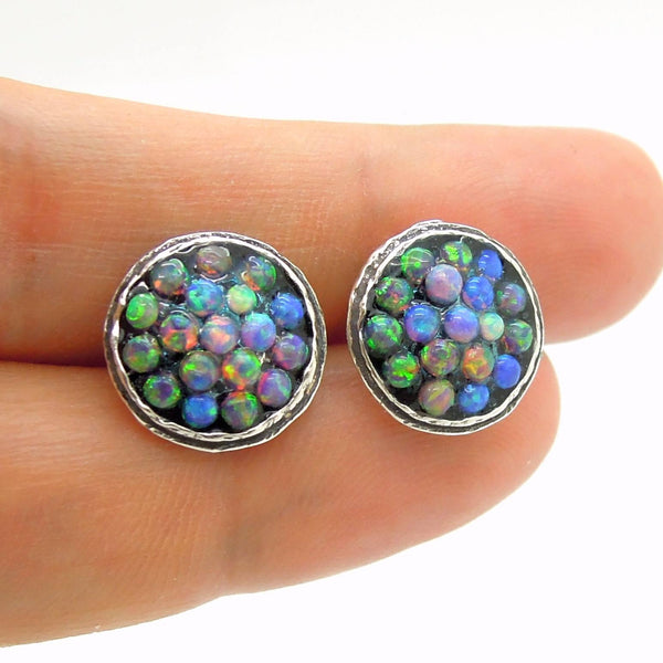 Earrings - Round Stud Earrings With Mosaic Opal Set In Silver