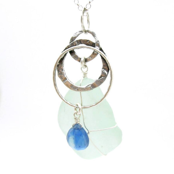 Earrings - Sea Glass Pendant With Sterling Silver & Kyanite