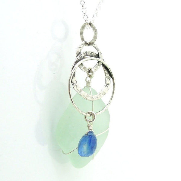 Earrings - Sea Glass Pendant With Sterling Silver & Kyanite