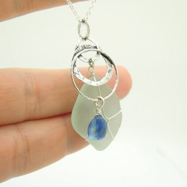 Earrings - Sea Glass Pendant With Sterling Silver & Kyanite
