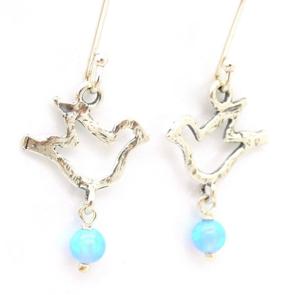 Earrings - Silver And Opal Gemstone Earrings- Birds Design