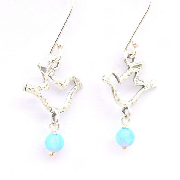Earrings - Silver And Opal Gemstone Earrings- Birds Design