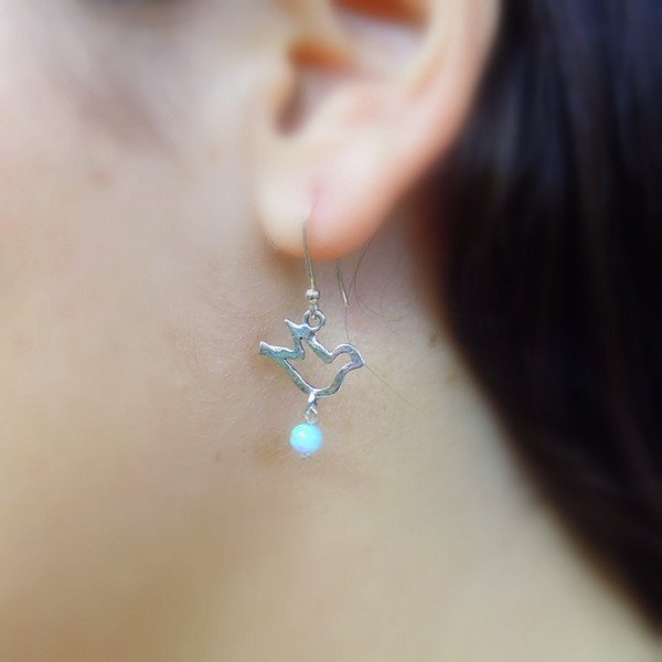 Earrings - Silver And Opal Gemstone Earrings- Birds Design