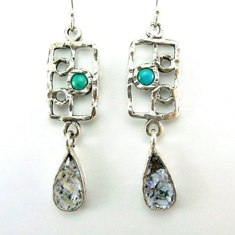 Earrings - Silver And Turquoise Drop Shape Roman Glass Earrings