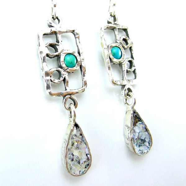 Earrings - Silver And Turquoise Drop Shape Roman Glass Earrings