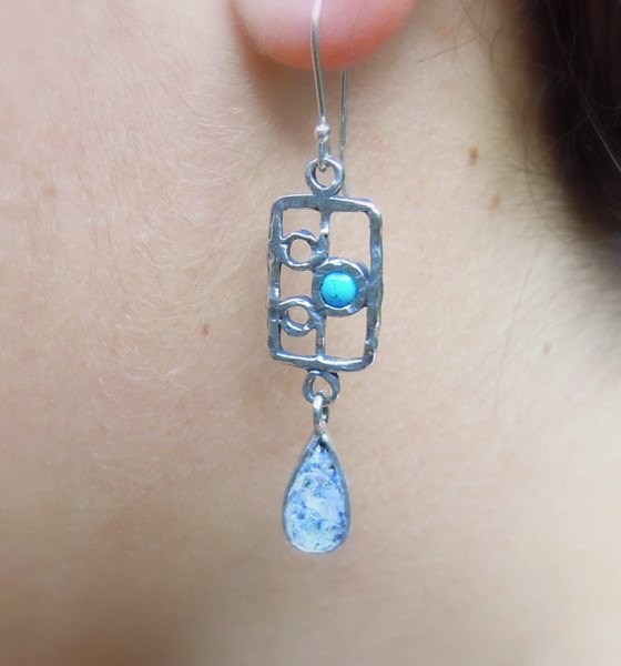 Earrings - Silver And Turquoise Drop Shape Roman Glass Earrings