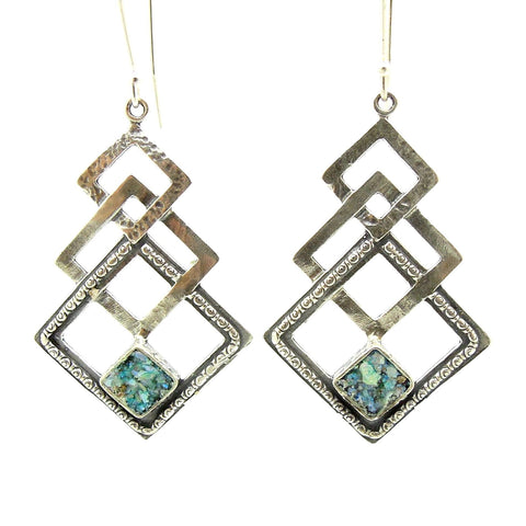 Earrings - Silver Dangle Earring With 3 Squares & Roman Glass