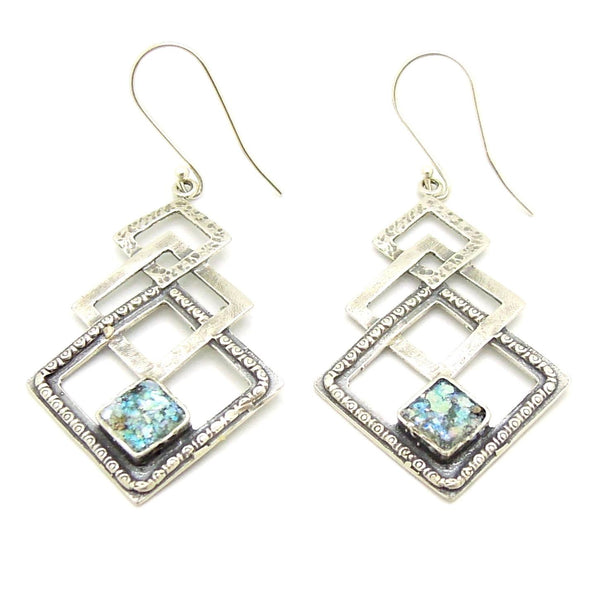 Earrings - Silver Dangle Earring With 3 Squares & Roman Glass