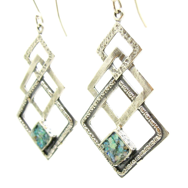 Earrings - Silver Dangle Earring With 3 Squares & Roman Glass