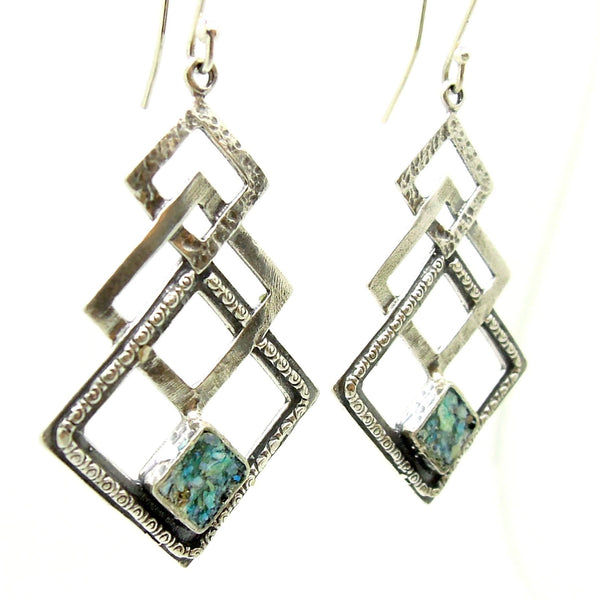 Earrings - Silver Dangle Earring With 3 Squares & Roman Glass