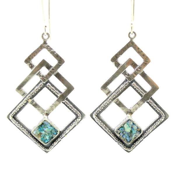 Earrings - Silver Dangle Earring With 3 Squares & Roman Glass