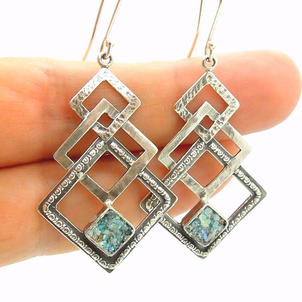 Earrings - Silver Dangle Earring With 3 Squares & Roman Glass