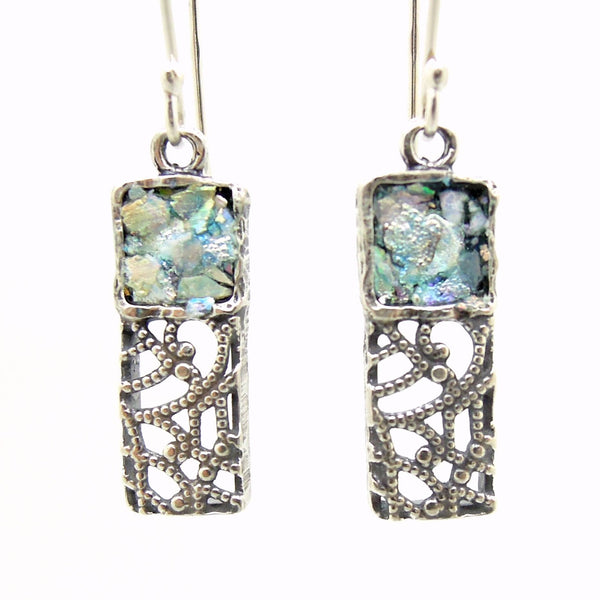 Earrings - Silver Dangle Earrings, Filigree Lace Design With Roman Glass