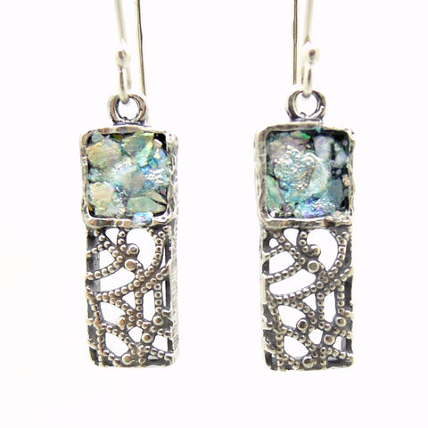 Earrings - Silver Dangle Earrings, Filigree Lace Design With Roman Glass