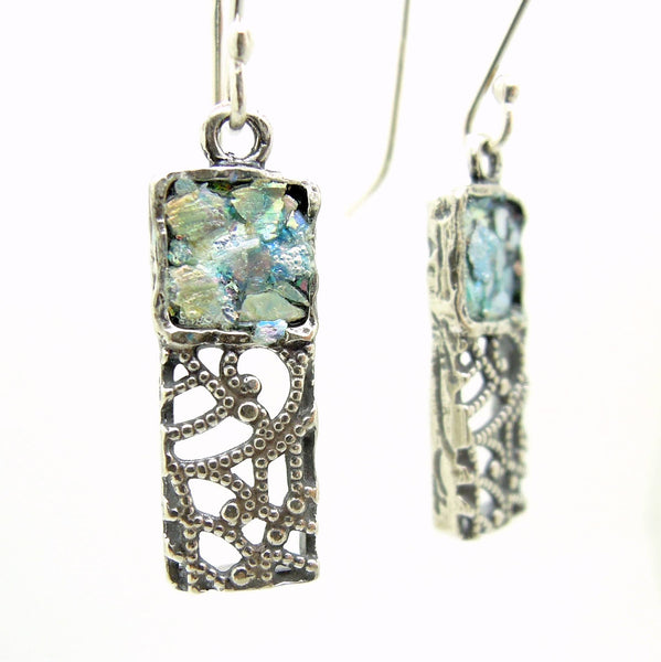 Earrings - Silver Dangle Earrings, Filigree Lace Design With Roman Glass