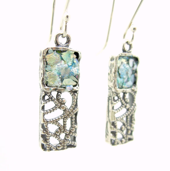 Earrings - Silver Dangle Earrings, Filigree Lace Design With Roman Glass