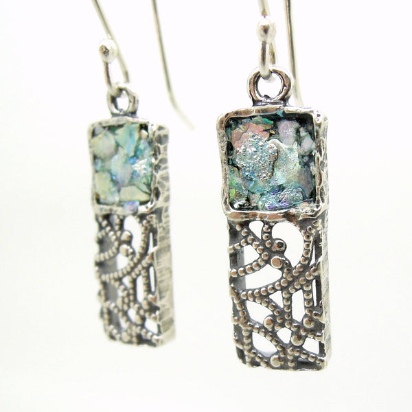 Earrings - Silver Dangle Earrings, Filigree Lace Design With Roman Glass