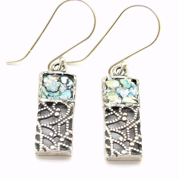 Earrings - Silver Dangle Earrings, Filigree Lace Design With Roman Glass